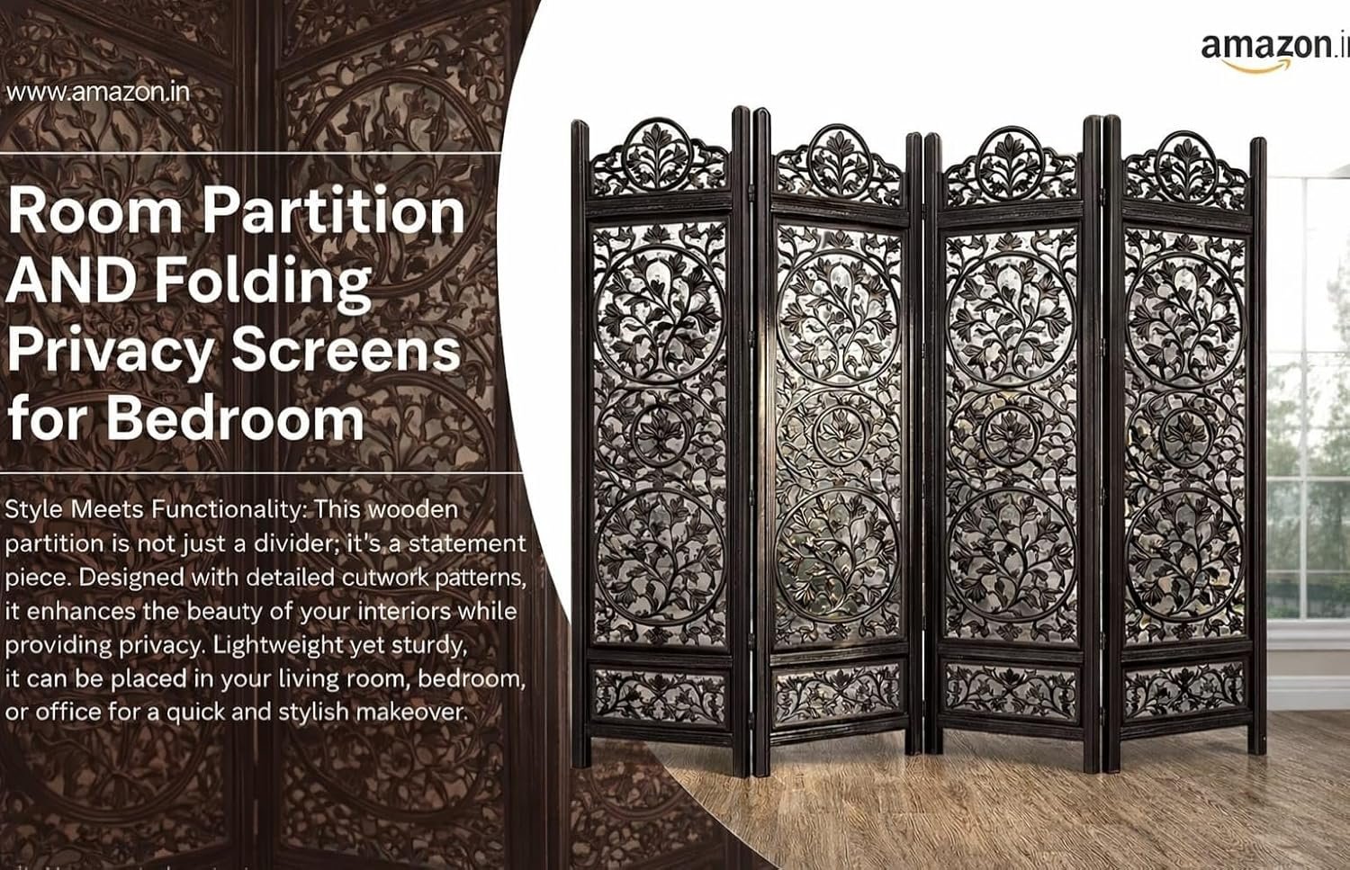 Wooden Room Partition and Folding Privacy Screen for living room, Bedroom ,Hallways and Pooja Room Divider(6 Feet 4 Panel Dark Brown) view 3