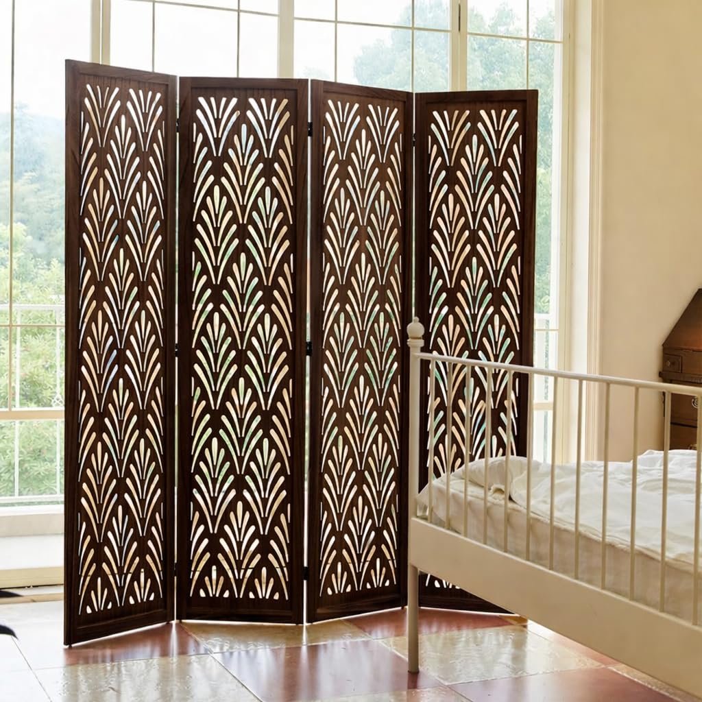 Wooden Living Partition Room Divider 4 Panel | Foldable Privacy Screen with Geometric Cut-Out Design | Pooja Room Partition for Living Room, Bedroom & Office (Brown) view 2
