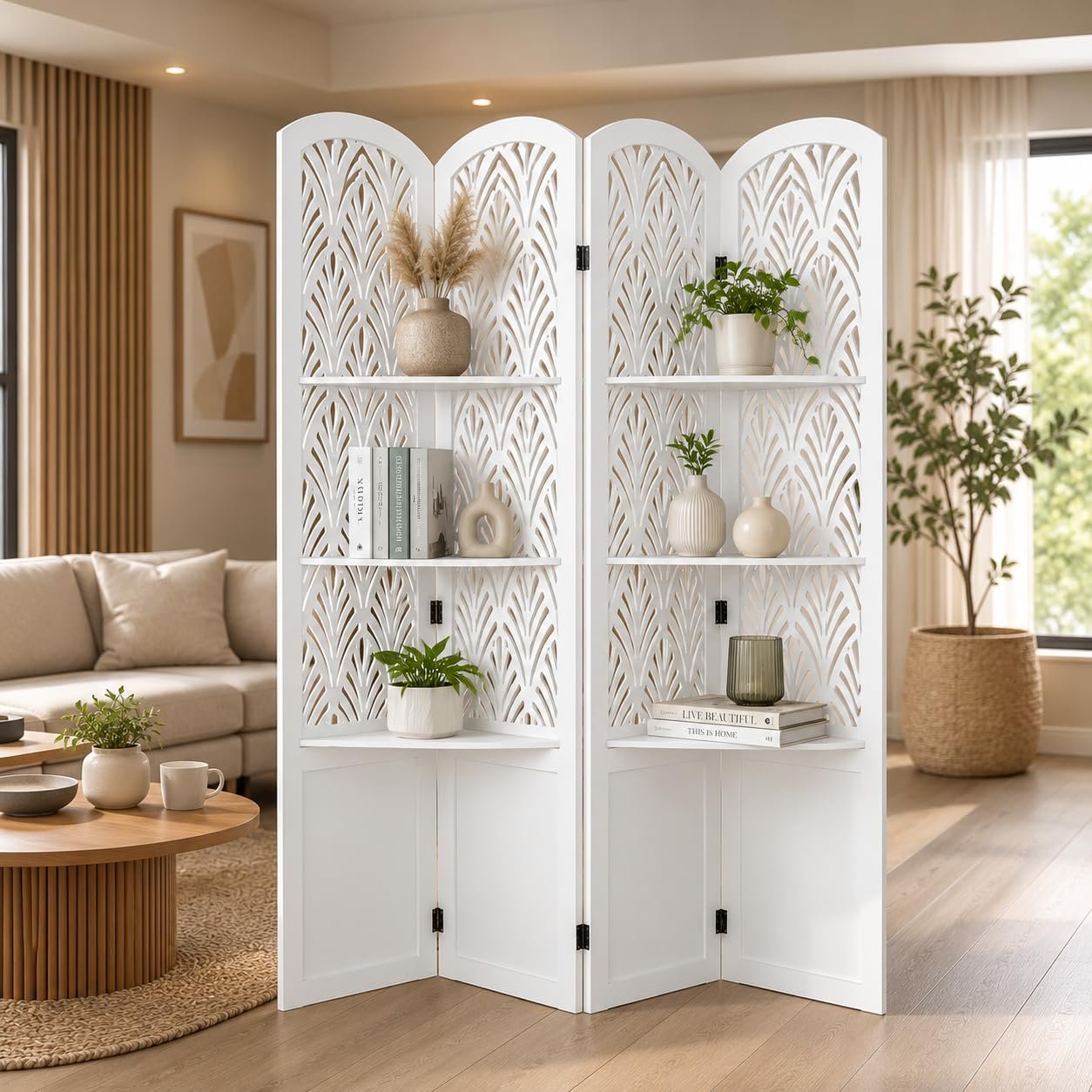 Wooden Living Partition Room Divider | Foldable Privacy Screen with Geometric Cut Out Design | Pooja Room Partition for Living Room, Bedroom & Office (6 Feet 4 Brown White Shelves)
