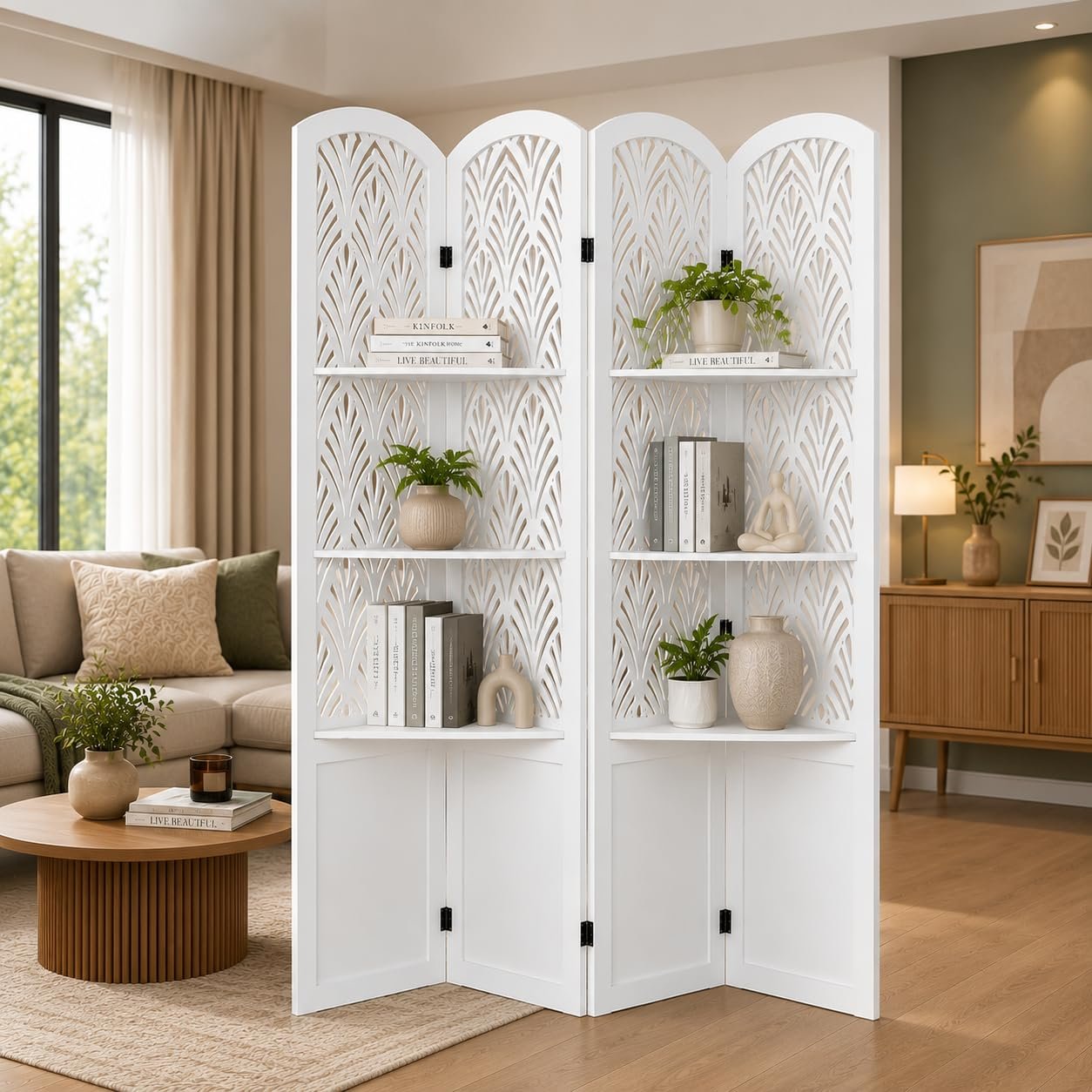 Wooden Living Partition Room Divider | Foldable Privacy Screen with Geometric Cut Out Design | Pooja Room Partition for Living Room, Bedroom & Office (6 Feet 4 Brown White Shelves) view 3