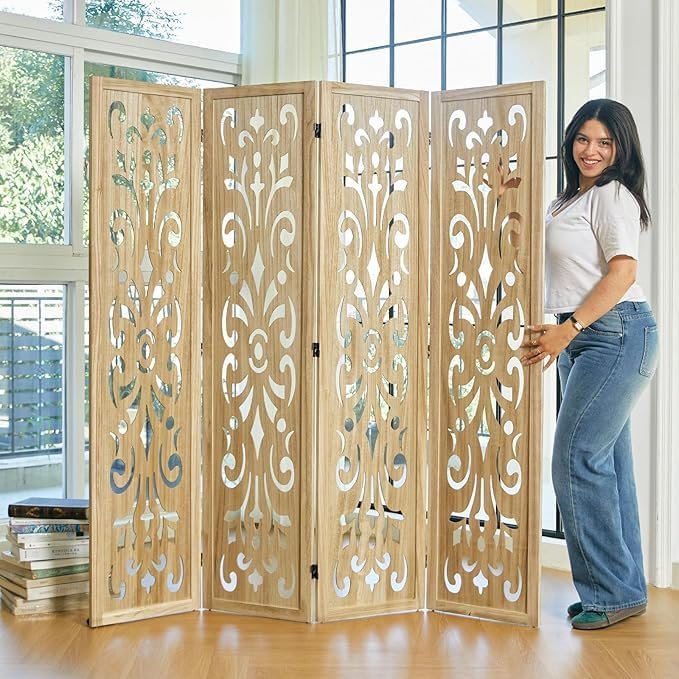Wooden Room Partition Screen for Living Room, Bedroom, Hall Ways, Pooja Ghar & Farmhouse | 6 Feet 4-Panel Folding Privacy Divider Each Panel Size 72 x 20 inch (Teek Brown)