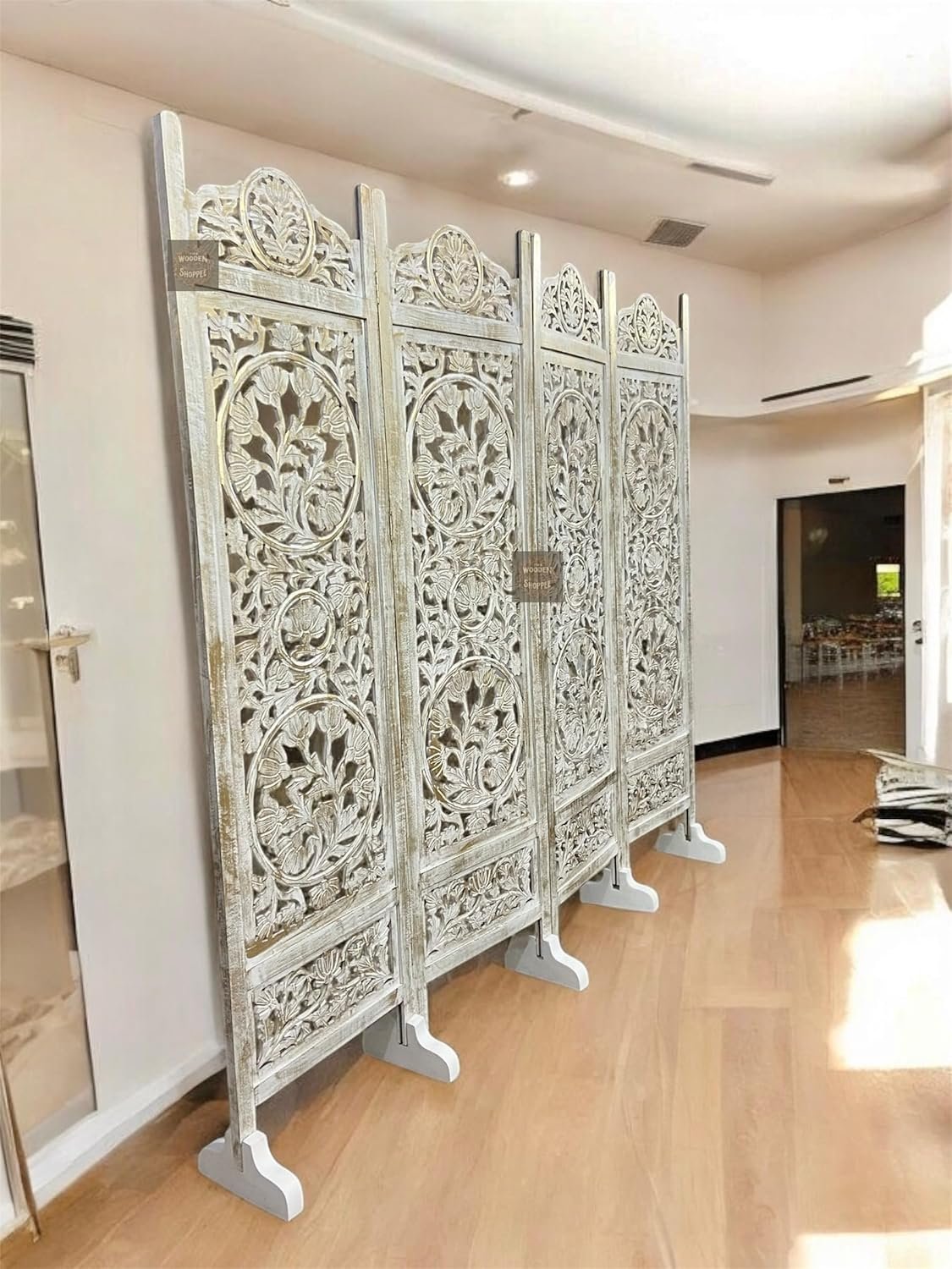 Wooden Room Partition and Folding Privacy Screens for Bedroom Home Office Room Divider Room Partition (6 Feet 4 Panel Each Panel Size 72X20 Inch Golden Shading with Stand view 2