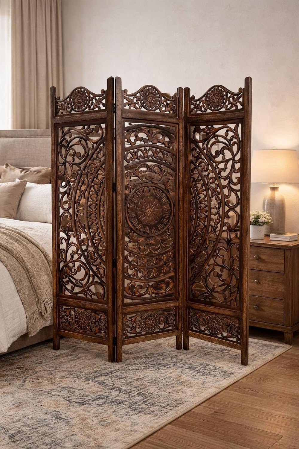 Wooden Room Divider Partition for Living Room Bedroom & Office Foldable Modern Decorative Partition for Home, Pooja Room & Studio – Space Saving Freestanding (6 Feet 3 Panel Colour Brown