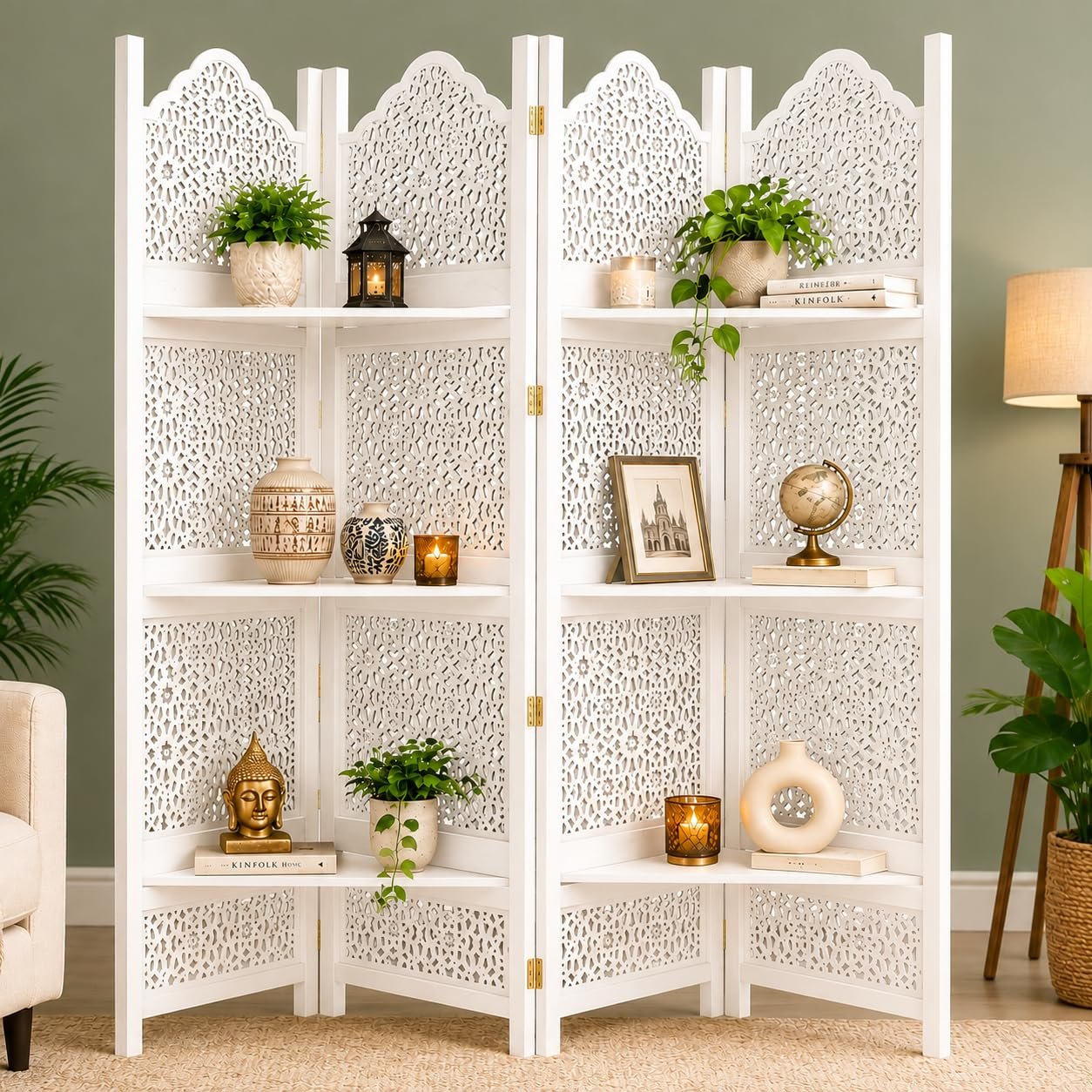 Wooden Room Partition Screens for Bedroom Living Room Privacy Divider Freestanding Folding Panels (6 Feet 4 Panel with 3 shelve Now Big Jali Design Each Panel Size 72X20 Inch White