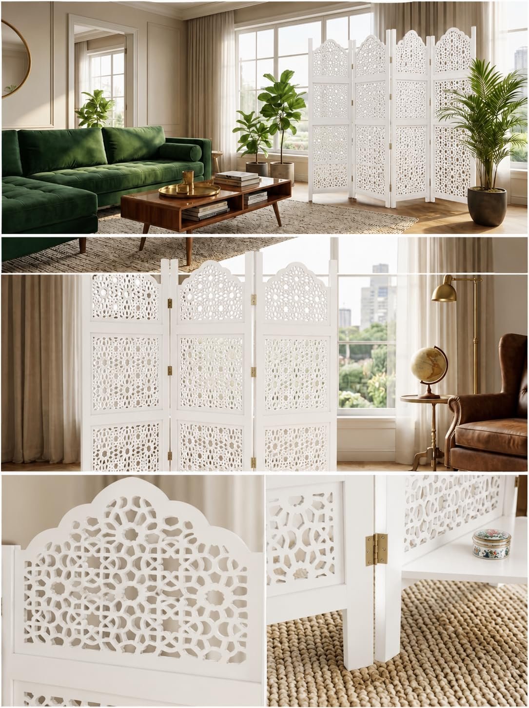 Wooden Room Partition Screens for Bedroom Living Room Privacy Divider Freestanding Folding Panels (6 Feet 4 Panel with 3 shelve Now Big Jali Design Each Panel Size 72X20 Inch White view 4