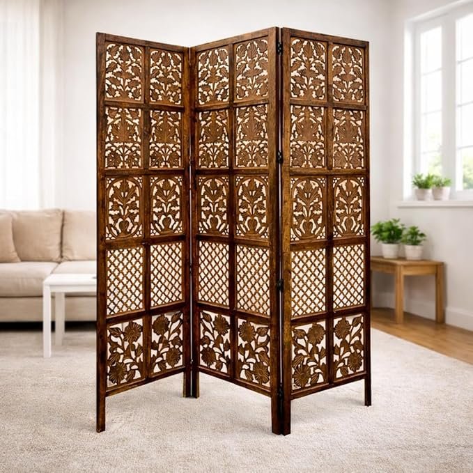 Handcarved Room Divider/Partition for Living Room, Bed Room, Pooja Room & Home Decor (6 Feet 3 Panel Partition Antique Brown) (Mix Design)