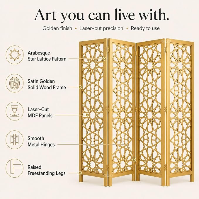 Wooden Room Divider | Arabesque Star Laser Cut Partition Screen | Moroccan Jali Design | Solid Wood Frame & MDF | 71 Inch Tall | 2 3 4 Panel, Golden, 4 Panel view 5