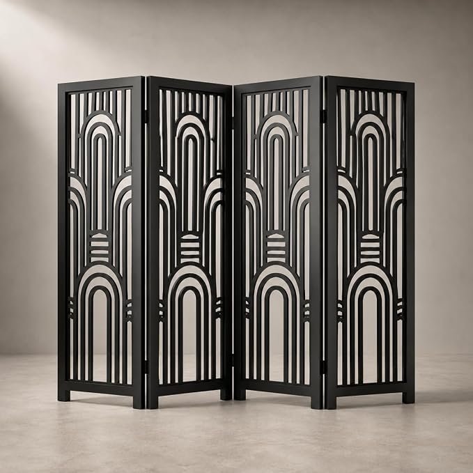 Wooden Room Divider | Folding Partition Screen for Living Room Bedroom Office | Laser Cut Design | Solid Wood Frame & MDF Z black panel;