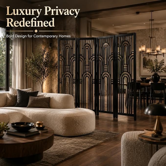 Wooden Room Divider | Folding Partition Screen for Living Room Bedroom Office | Laser Cut Design | Solid Wood Frame & MDF Z black panel; view 2