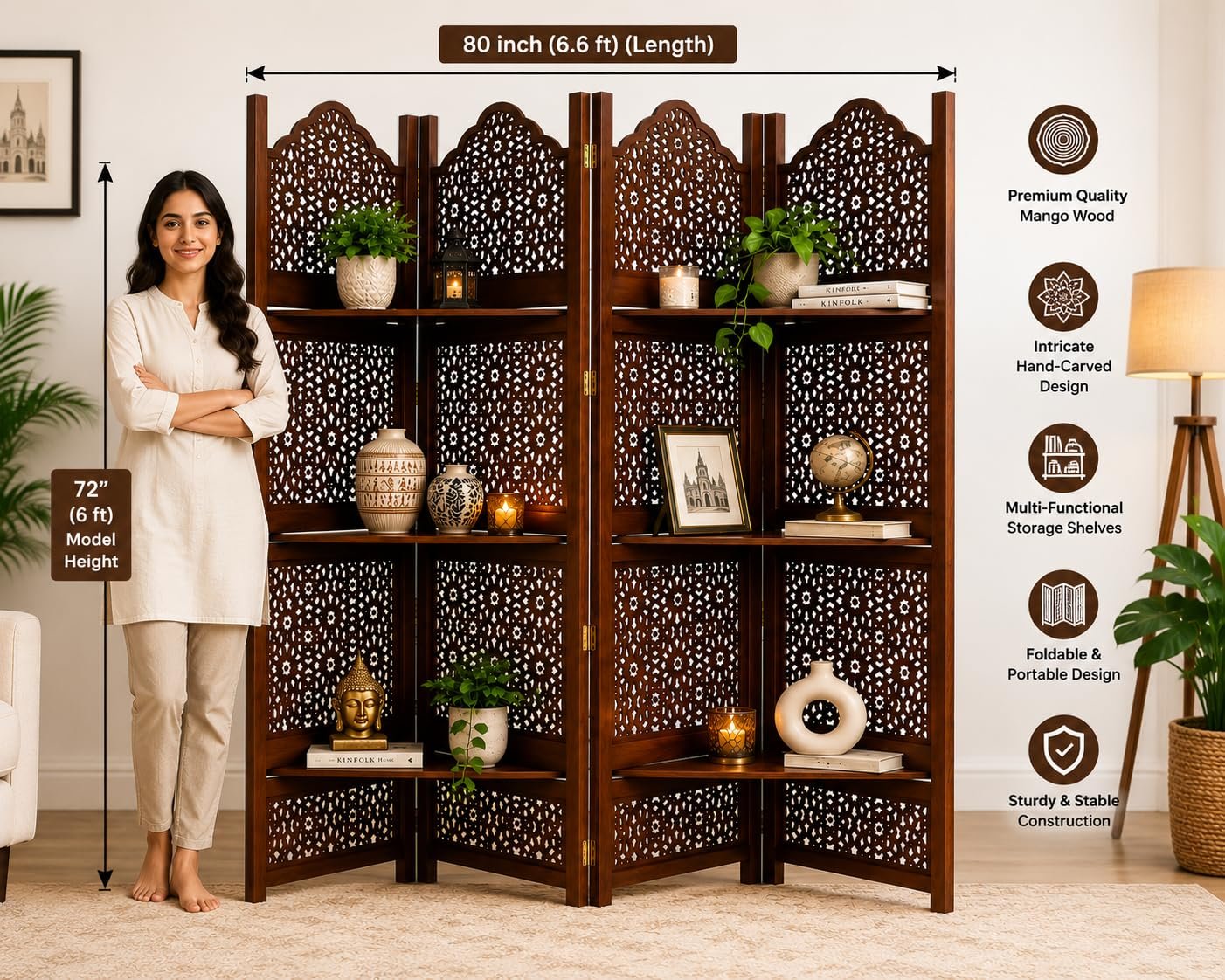 Wooden Room Partition Screens for Bedroom Living Room Privacy Divider Freestanding Folding Panels (6 Feet 4 Panel with 3 shelve Now Big Jali Design Each Panel Size 72X20 Inch Brown view 2