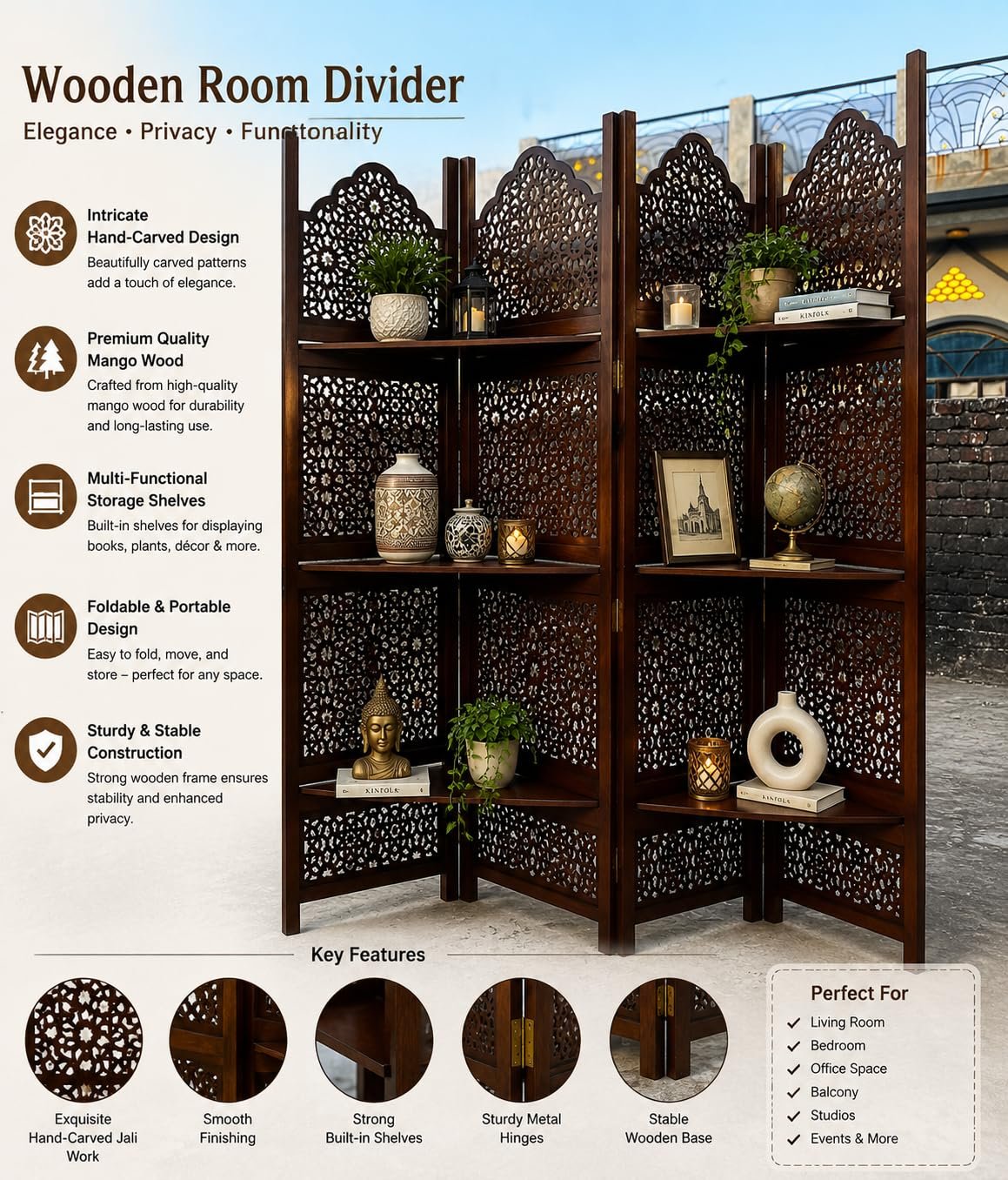 Wooden Room Partition Screens for Bedroom Living Room Privacy Divider Freestanding Folding Panels (6 Feet 4 Panel with 3 shelve Now Big Jali Design Each Panel Size 72X20 Inch Brown view 3