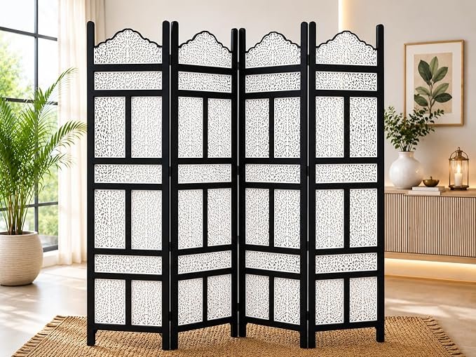 Wooden Room Partition for Living Room | Panel Foldable Room Divider Screen | Wooden Separator for Bedroom Office Kitchen Hall Wood Privacy Screen (6 Feet 4 Panel Black&White Kasmiri