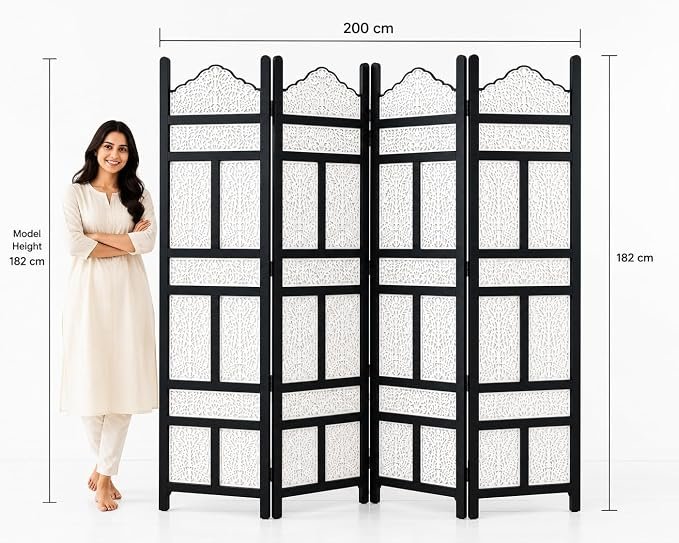 Wooden Room Partition for Living Room | Panel Foldable Room Divider Screen | Wooden Separator for Bedroom Office Kitchen Hall Wood Privacy Screen (6 Feet 4 Panel Black&White Kasmiri view 4