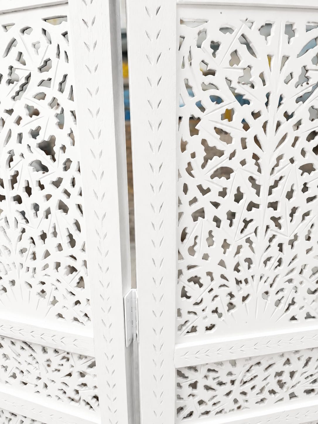Wooden Room Partition for Living Room | Panel Foldable Room Divider Screen | Wooden Separator for Bedroom Office Kitchen Hall Handcrafted Wood Privacy Screen (6 Feet 4 Panel White Kasmiri Design) view 2