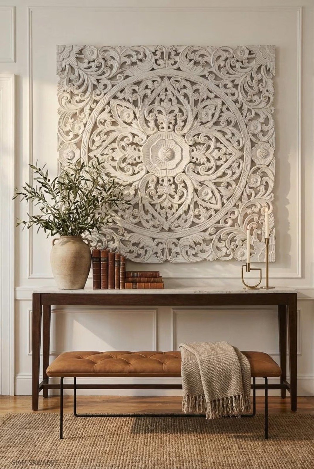 Wood Hand-Carved Decorative Panel | 39" Wall Art Hanging in 1 Solid Piece | Weathered Coastal White Finish view 2