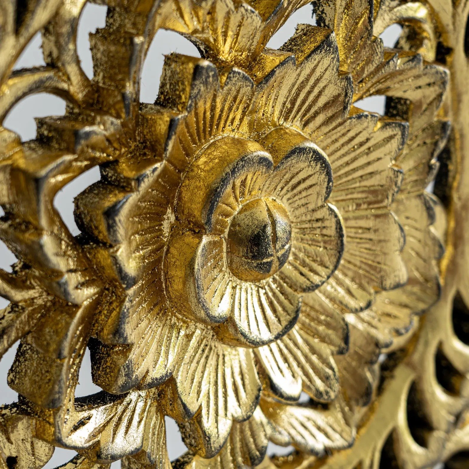 Decorative Wood Wall Panel, Large Carved Teak Mandala Gold Leaf Wall Art Boho Lotus Traditional Thai Panel, Living Room Decor 14"x36" view 3