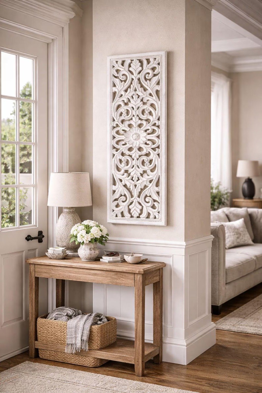 Handcrafted Wooden Wall Panel for Bedroom & Living Room | Floral Carved Wall Art | Decorative Wooden Wall Hanging | White Finish view 2