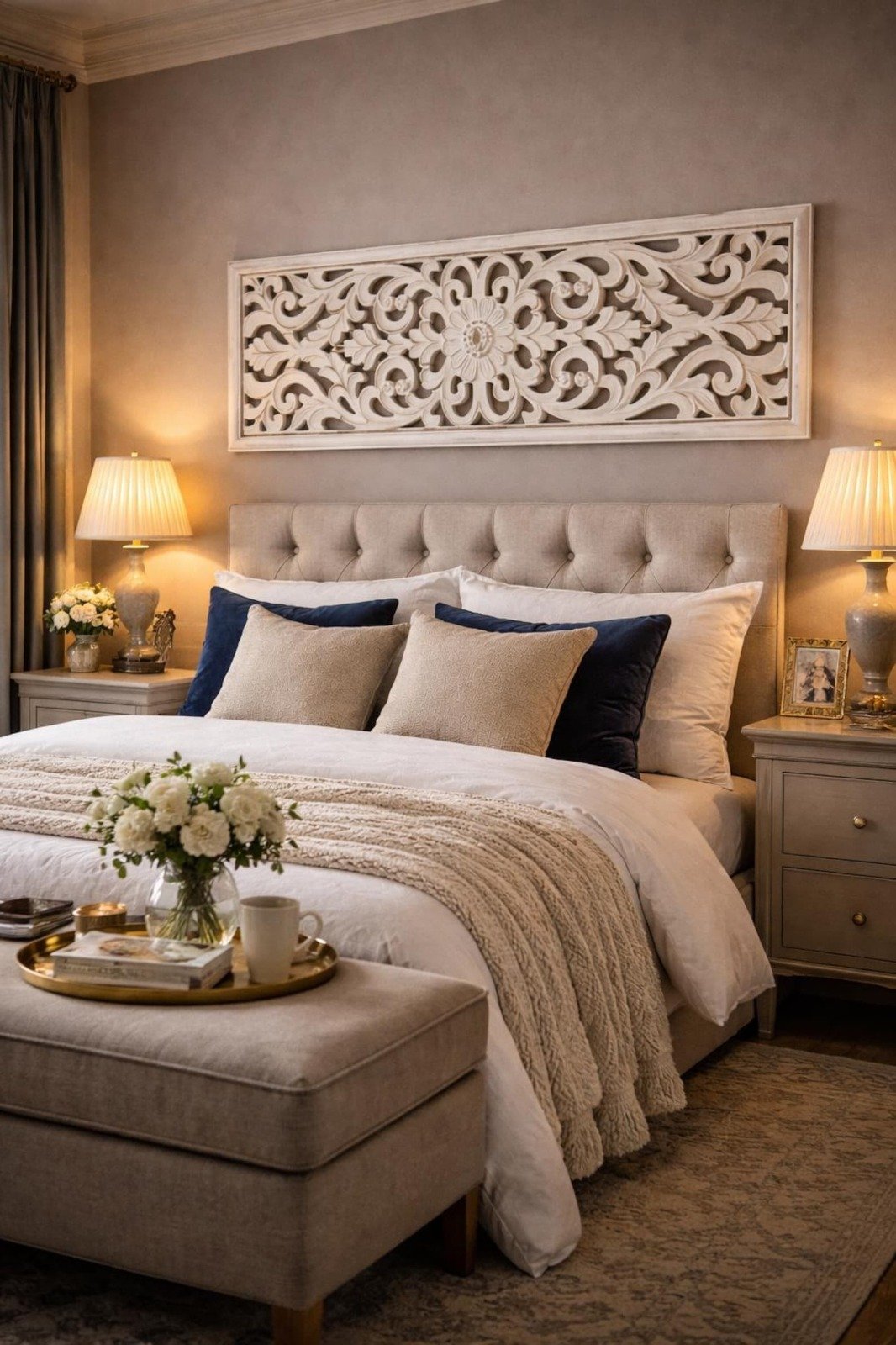 Handcrafted Wooden Wall Panel for Bedroom & Living Room | Floral Carved Wall Art | Decorative Wooden Wall Hanging | White Finish view 3