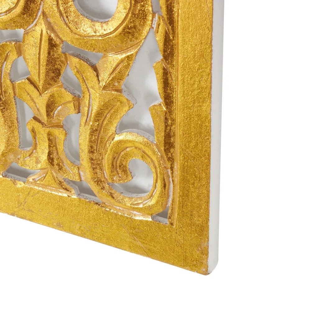 Wooden Handmade Intricately Carved Arabesque Scroll Gold Wall Decor with Cream Backing view 7
