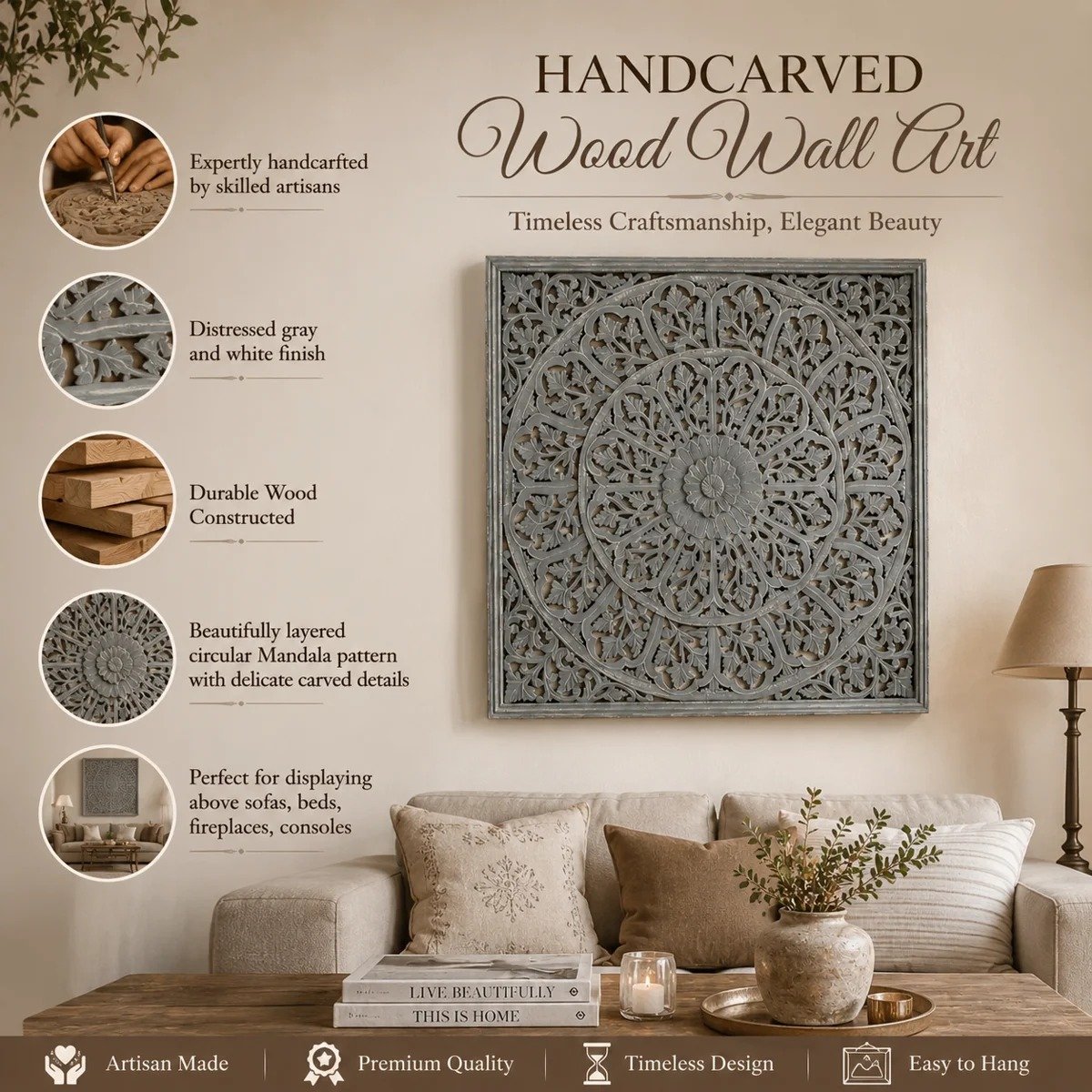 Handcrafted Wooden Wall Art Panel, 48x48 inch | Intricate Mandala Wall Décor | Large Decorative Carved Wood Wall Hanging for Living Room, Bedroom, Entryway & Office view 4