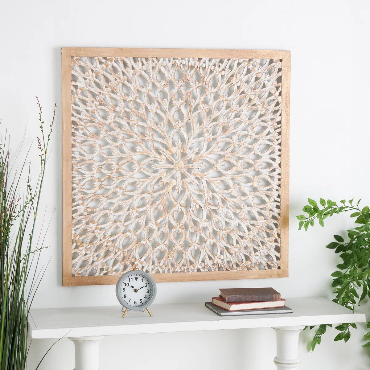 Fina Light Brown Wood Floral Handmade Intricately Carved Home Wall Decor with Mandala Design
