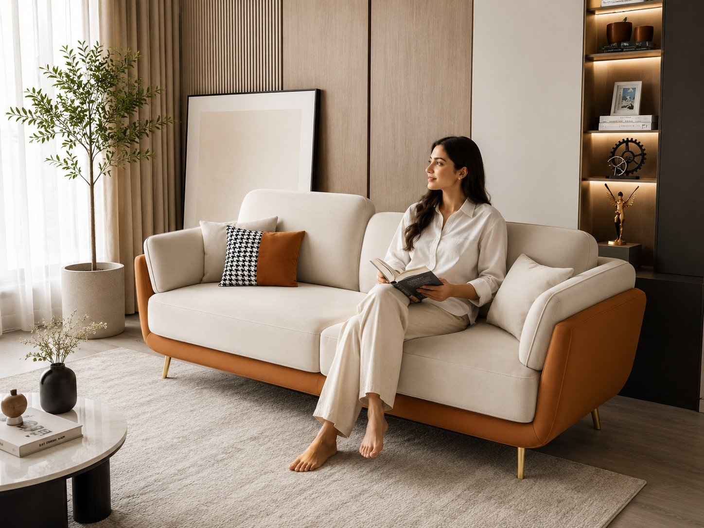 Modern 3 Seater Sofa with Cushioned Upholstery & Wooden Accents – Elegant Living Room Sofa included pillows view 3