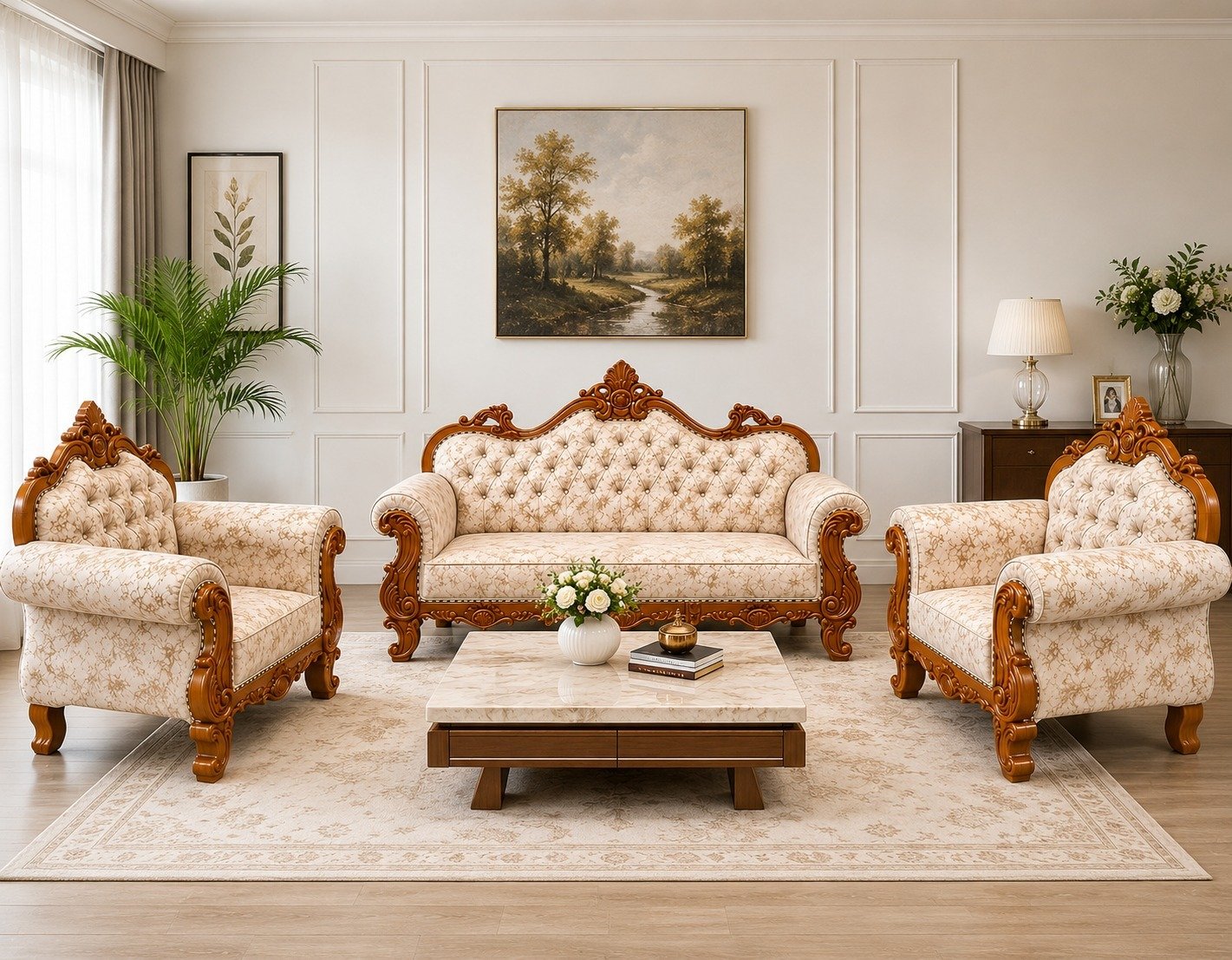 Luxury Royal Wooden Sofa Set with Premium Carved Frame & Plush Upholstery | Elegant 3+1+1 Seater Living Room Sofa Set for Home, Drawing Room & Guest Room Décor