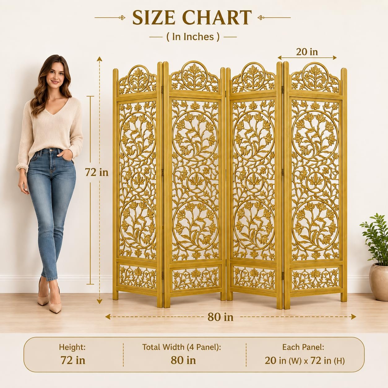 Wooden Room Partition and Folding Privacy Screens Wooden Room Divider for Bedroom Home Office Room Divider Room Partition (6 Feet 4 Panel Golden Each Panel 72X20 Inch) view 2