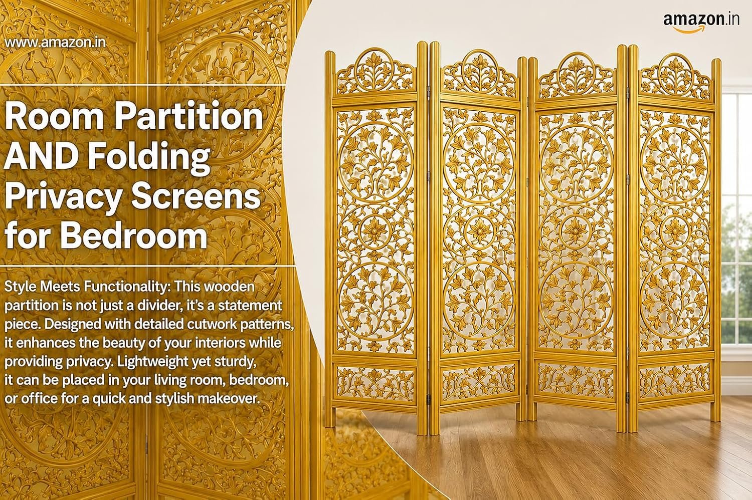 Wooden Room Partition and Folding Privacy Screens Wooden Room Divider for Bedroom Home Office Room Divider Room Partition (6 Feet 4 Panel Golden Each Panel 72X20 Inch) view 4