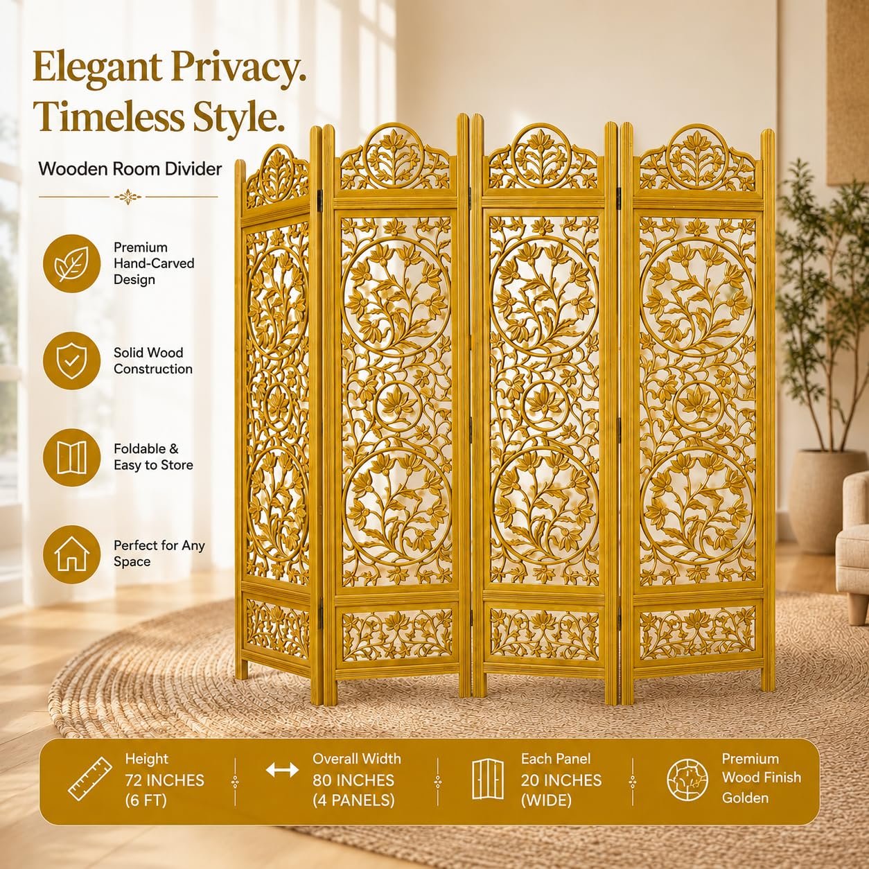 Wooden Room Partition and Folding Privacy Screens Wooden Room Divider for Bedroom Home Office Room Divider Room Partition (6 Feet 4 Panel Golden Each Panel 72X20 Inch) view 5