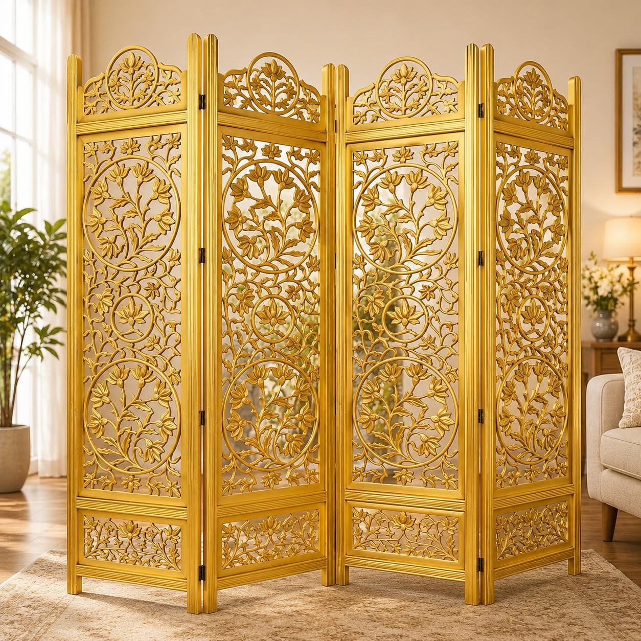 Wooden Room Partition and Folding Privacy Screens Wooden Room Divider for Bedroom Home Office Room Divider Room Partition (6 Feet 4 Panel Golden Each Panel 72X20 Inch) view 6