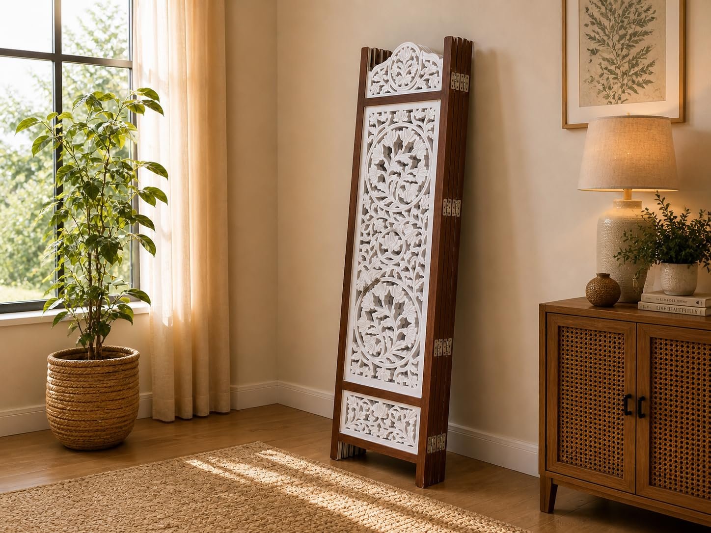 Wooden Room Divider Decorative Foldable Privacy Screen Hand Carved Partition for Living Room Bedroom Office Decor (6 Feet 4 Panel Pearl White Each Panel Size 72X20 Inch) view 5