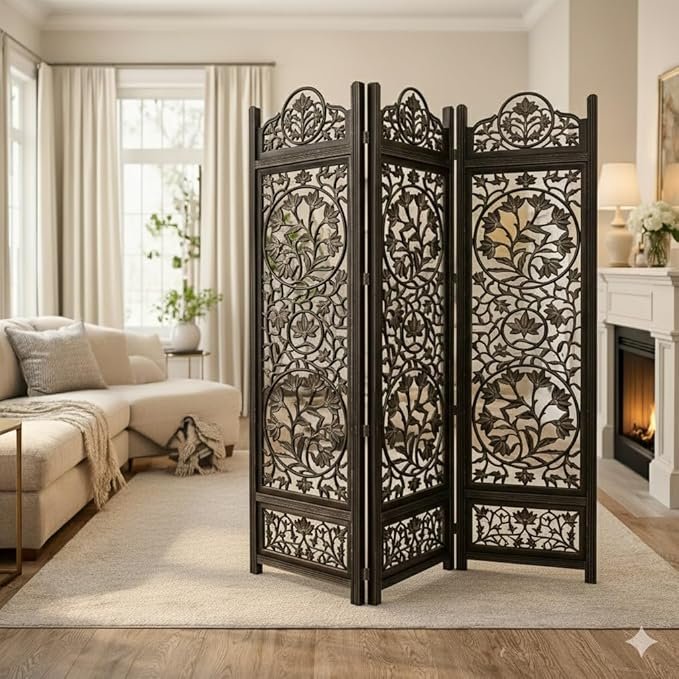 Handcrafted Wooden Room Divider 4 Panel Foldable Privacy Screen, Carved Decorative Partition for Living Room, Bedroom, Office, Home Décor, Brown Finish, (72 x 80 Inch)