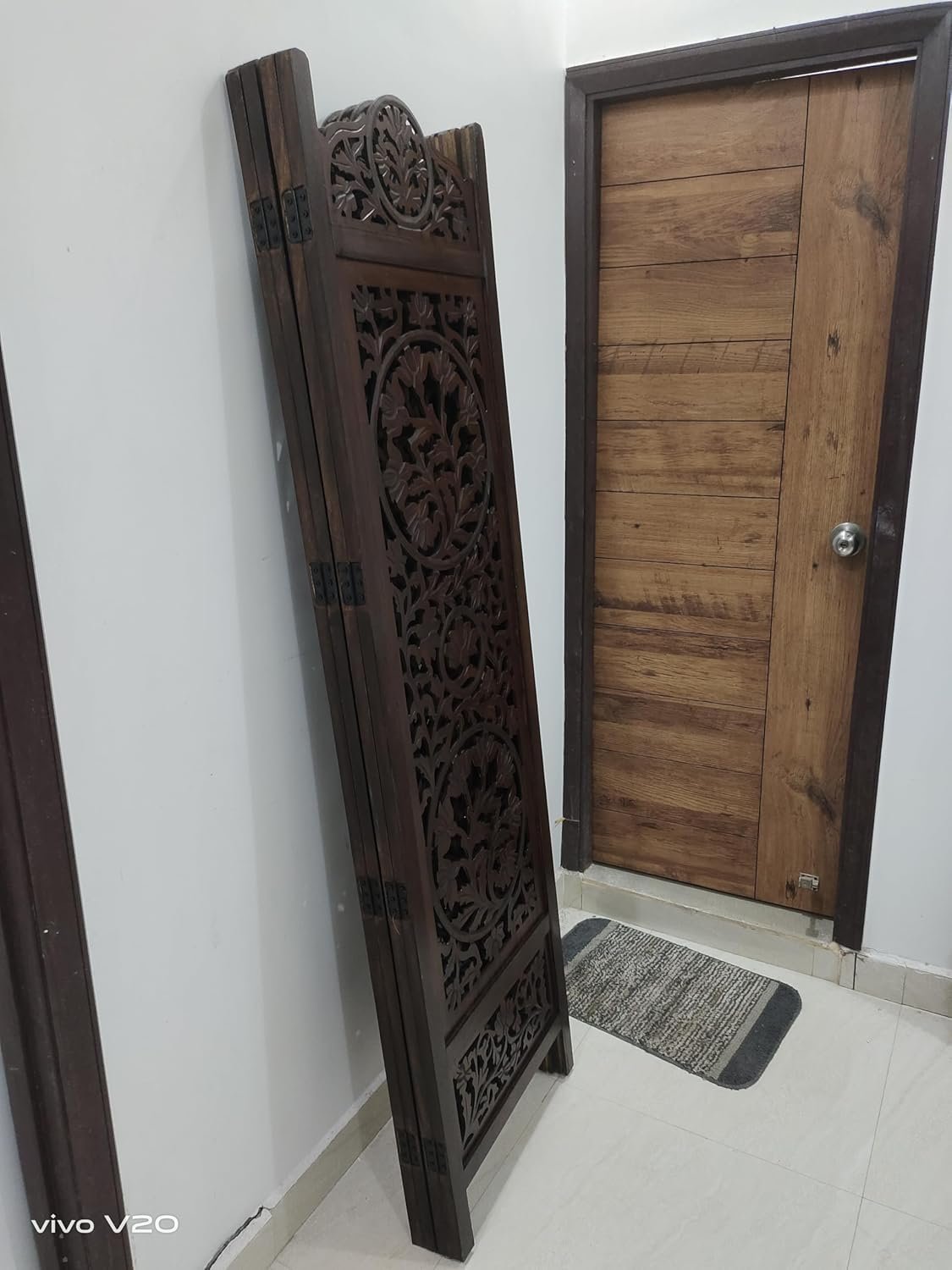 Handcrafted Wooden Room Divider 4 Panel Foldable Privacy Screen, Carved Decorative Partition for Living Room, Bedroom, Office, Home Décor, Brown Finish, (72 x 80 Inch) view 4