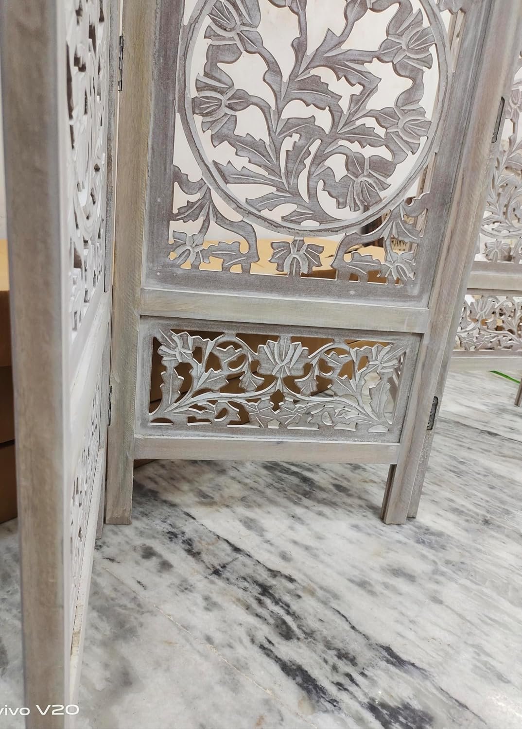 Wooden Room Divider Decorative Foldable Privacy Screen Hand Carved Partition for Living Room Bedroom Office Decor (6 Feet 4 Panel White Each Panel Size 72X20 Inch) view 4