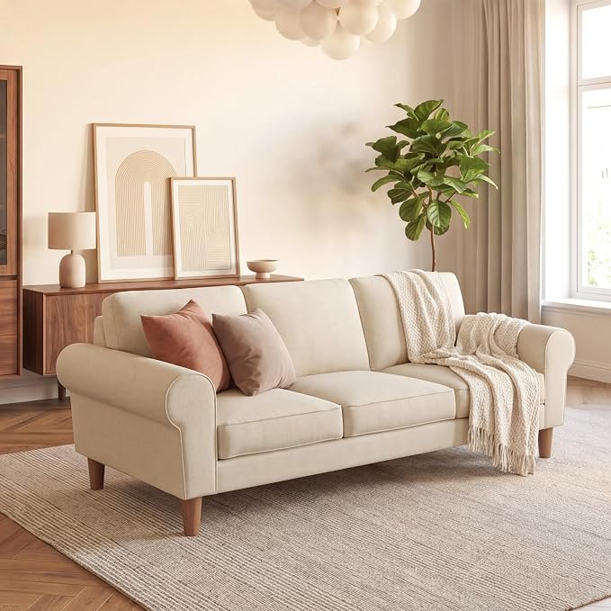 The Wooden Shoppee Warm Beige Fabric Sofa | 3 Seater Modern Sofa for Living Room, Bedroom & Office | Comfortable Upholstered Sofa Couch | Stylish Contemporary Home Furniture