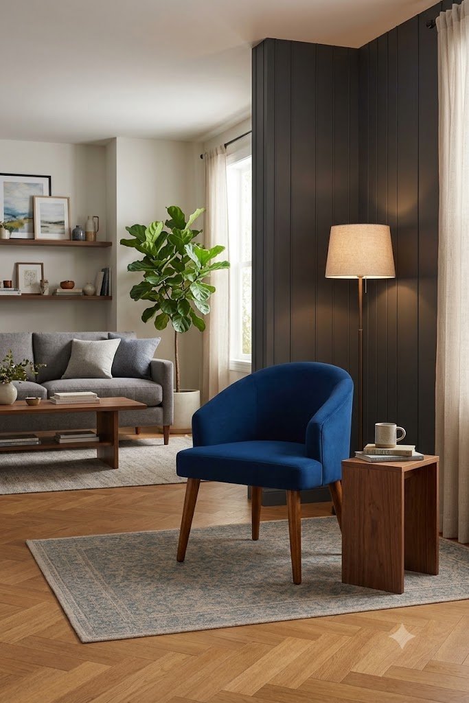 The Wooden Shoppee Blue Fabric Chair | Modern Accent Chair for Living Room, Bedroom & Home | Comfortable Upholstered Lounge Chair for Stylish Interiors
