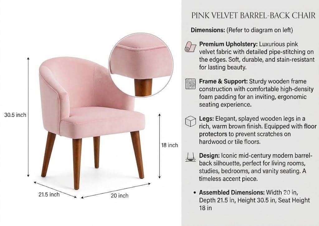 Shop The Wooden Shoppee Pink Fabric Accent Chair for a stylish and comfortable home. Modern pink chair for living room, bedroom, lounge and reading corners. view 5
