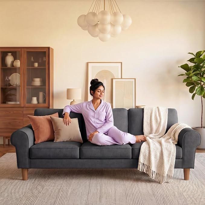 The Wooden Shoppee 3 Seater Sofa for Living Room | Modern Grey Fabric Sofa | Comfortable Couch for Home, Lounge & Office | Stylish Contemporary Seating view 4