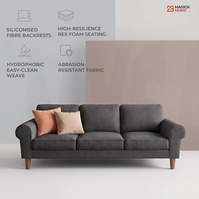 The Wooden Shoppee 3 Seater Sofa for Living Room | Modern Grey Fabric Sofa | Comfortable Couch for Home, Lounge & Office | Stylish Contemporary Seating view 7