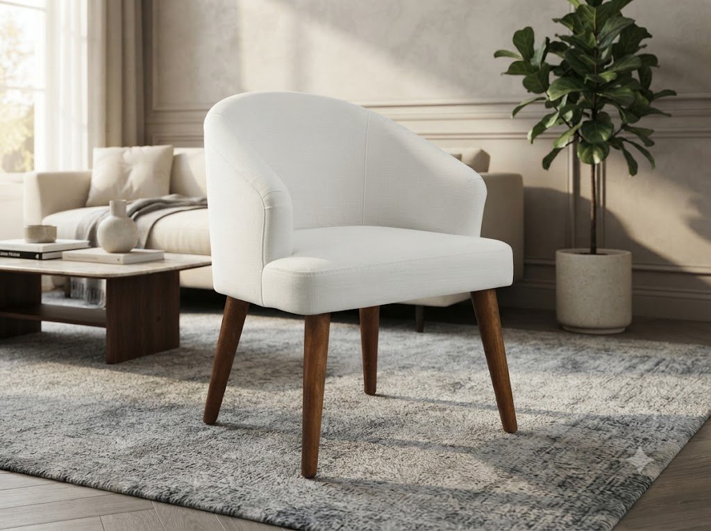 The Wooden Shoppee White Fabric Accent Chair | Upholstered Living Room Chair | Modern Comfortable Lounge Chair for Bedroom, Home & Office view 3