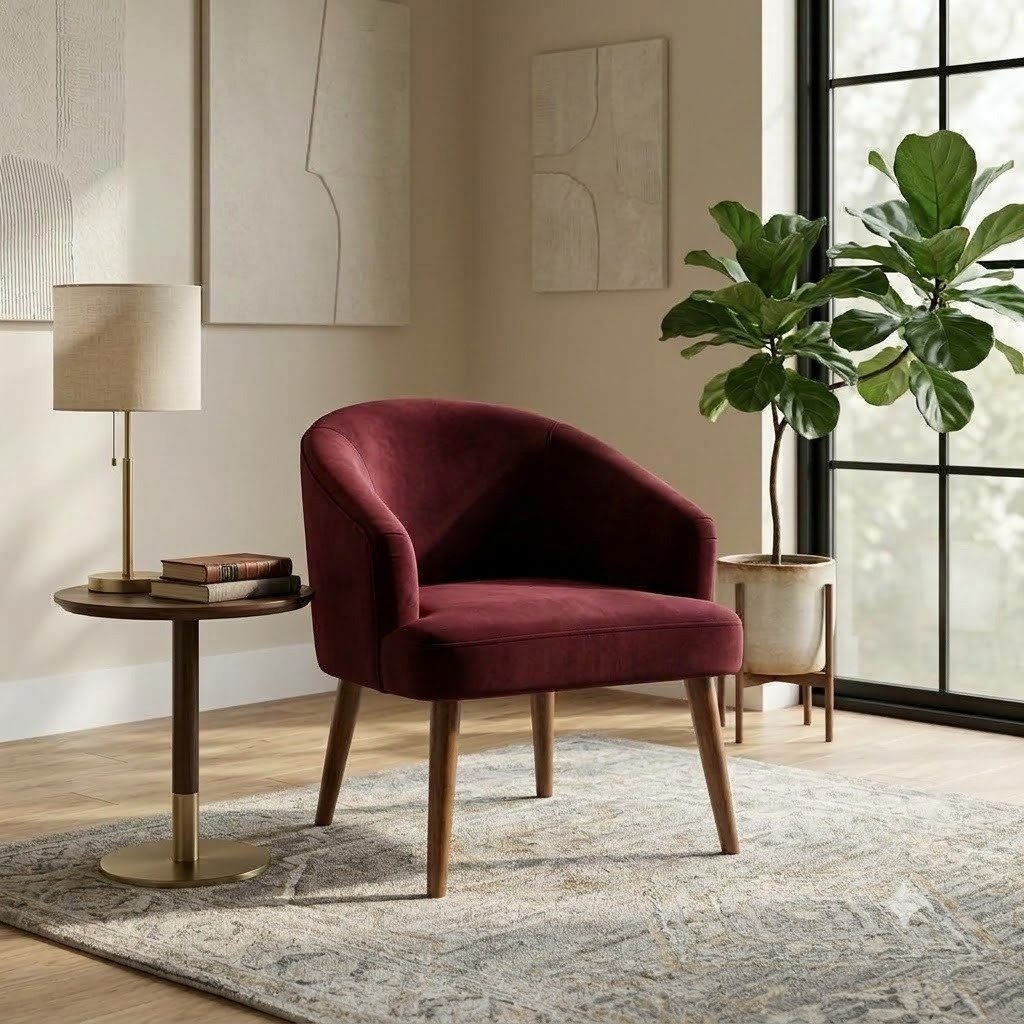 THE WOODEN SHOPPEE Maroon Wooden Accent Chair for Living Room, Bedroom & Office, Upholstered Armchair, Modern Lounge Chair, Stylish Single Seater Chair for Home Décor view 2