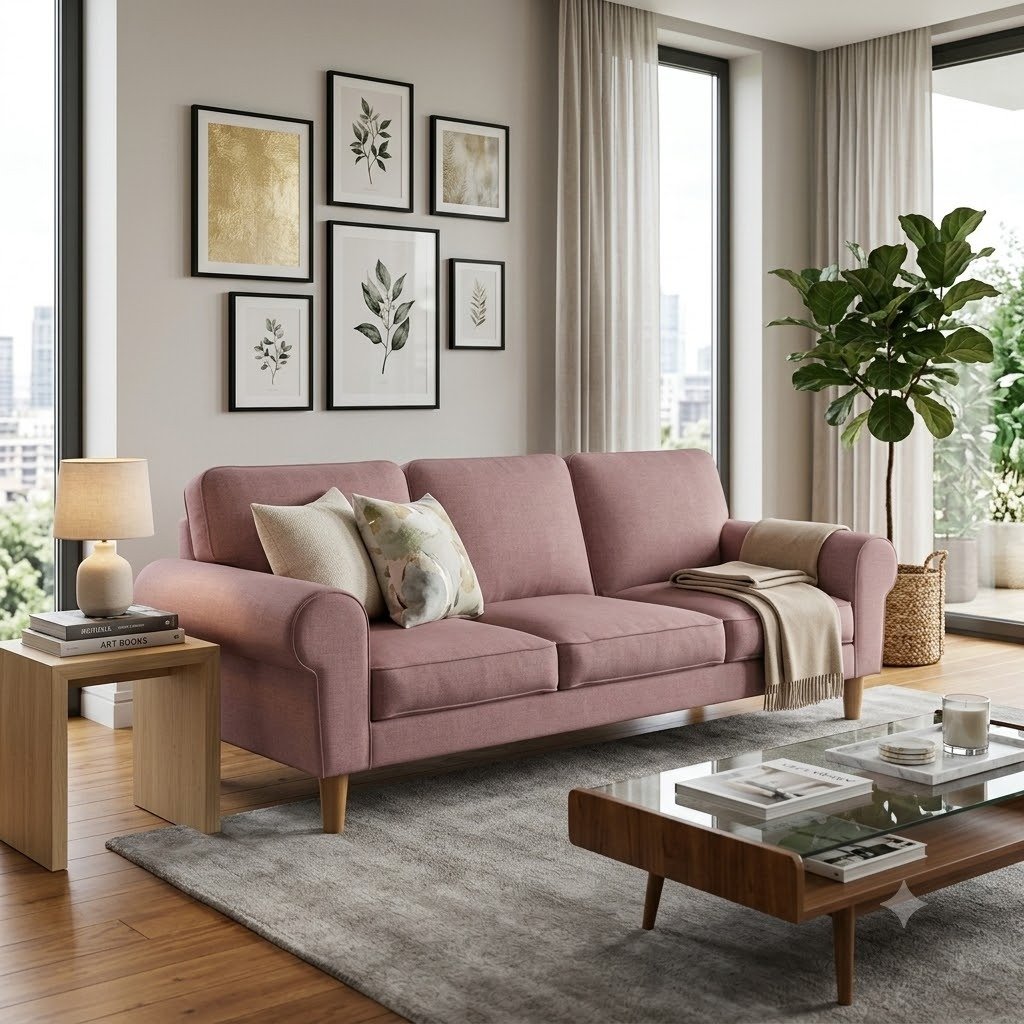 The Wooden Shoppee 3 Seater Sofa in Flamingo Pink | Modern Fabric Sofa for Living Room | Stylish Comfortable Couch for Home, Lounge & Apartment
