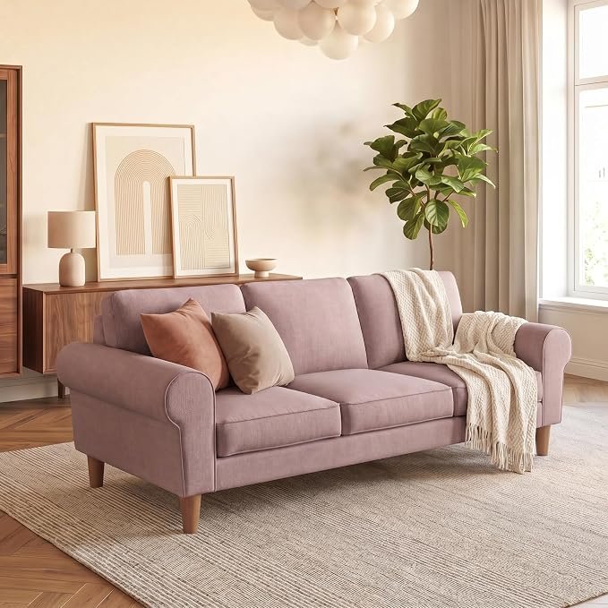 The Wooden Shoppee 3 Seater Sofa in Flamingo Pink | Modern Fabric Sofa for Living Room | Stylish Comfortable Couch for Home, Lounge & Apartment view 3