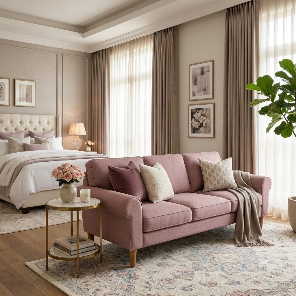The Wooden Shoppee 3 Seater Sofa in Flamingo Pink | Modern Fabric Sofa for Living Room | Stylish Comfortable Couch for Home, Lounge & Apartment view 6