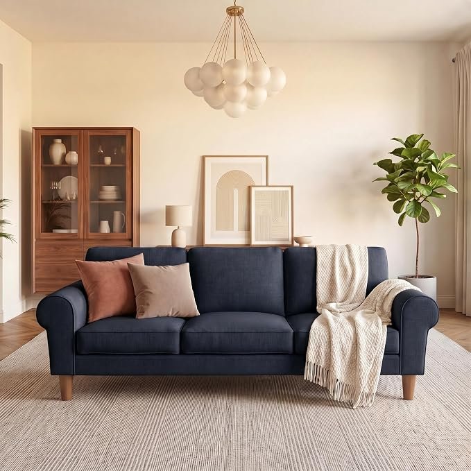 The Wooden Shoppee Deep Blue 3 Seater Sofa | Modern Fabric Sofa for Living Room | Comfortable Upholstered Couch | Stylish Home & Office Seating | 145W × 85D × 85H cm view 2