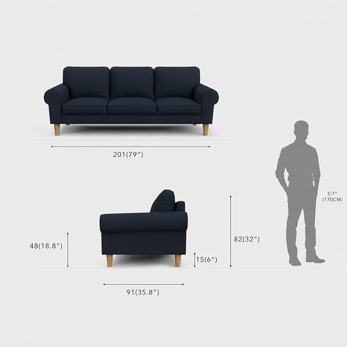 The Wooden Shoppee Deep Blue 3 Seater Sofa | Modern Fabric Sofa for Living Room | Comfortable Upholstered Couch | Stylish Home & Office Seating | 145W × 85D × 85H cm view 5
