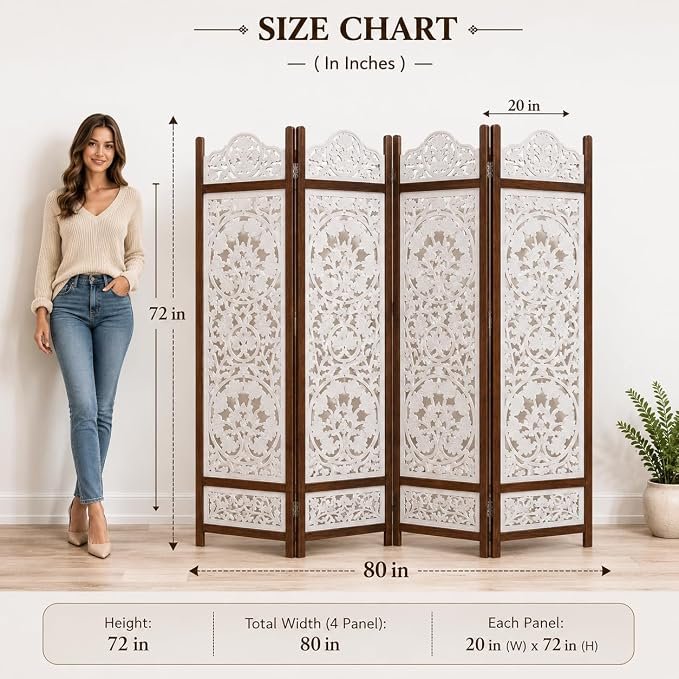 THE WOODEN SHOPPEE White Wooden Room Divider Screen | 6 Feet Tall 4-Panel Partition Screen | Handcrafted Mangowood & MDF Room Divider for Living Room, Bedroom & Home Decor view 3