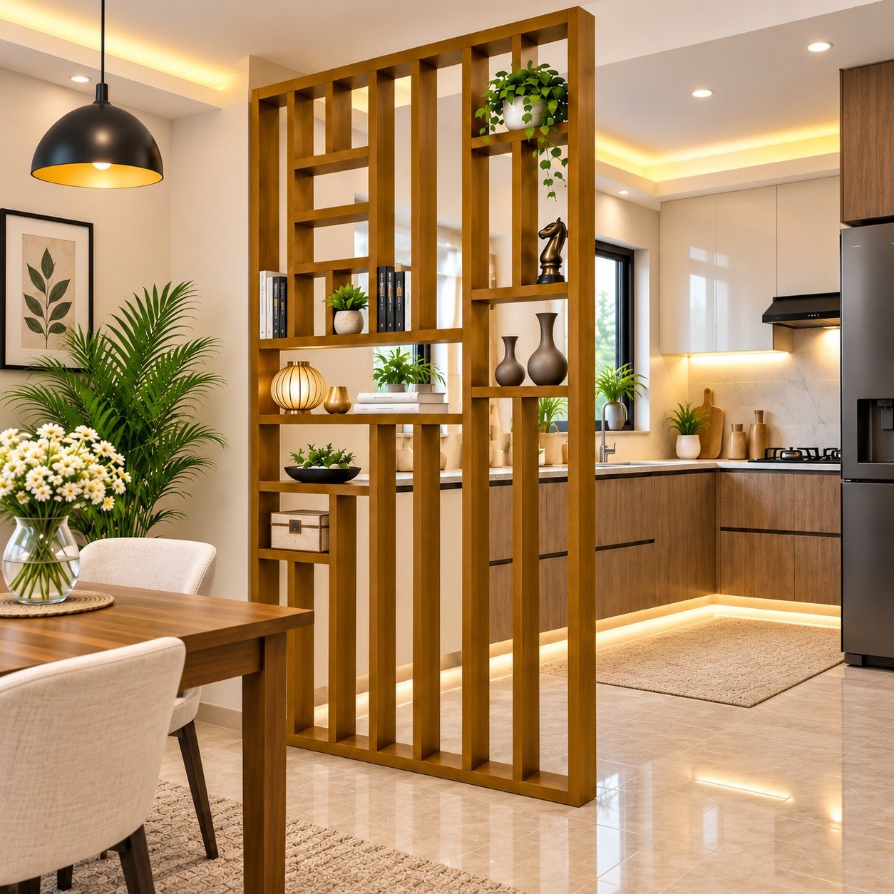 Wooden Room Divider Partition for Living Room and Office Display Rack Between Room and Kitchen (Teak Wood Color, 6 x 4ft) view 2