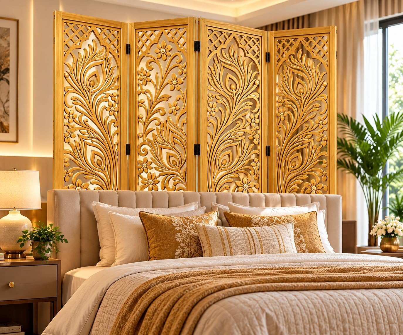 Handcrafted Wooden Room Divider Feather Design Foldable Privacy Screen, Carved Decorative Partition for Living Room, Bedroom, Office, Home Décor, Brown Finish, (72 x 80 Inch ) view 3